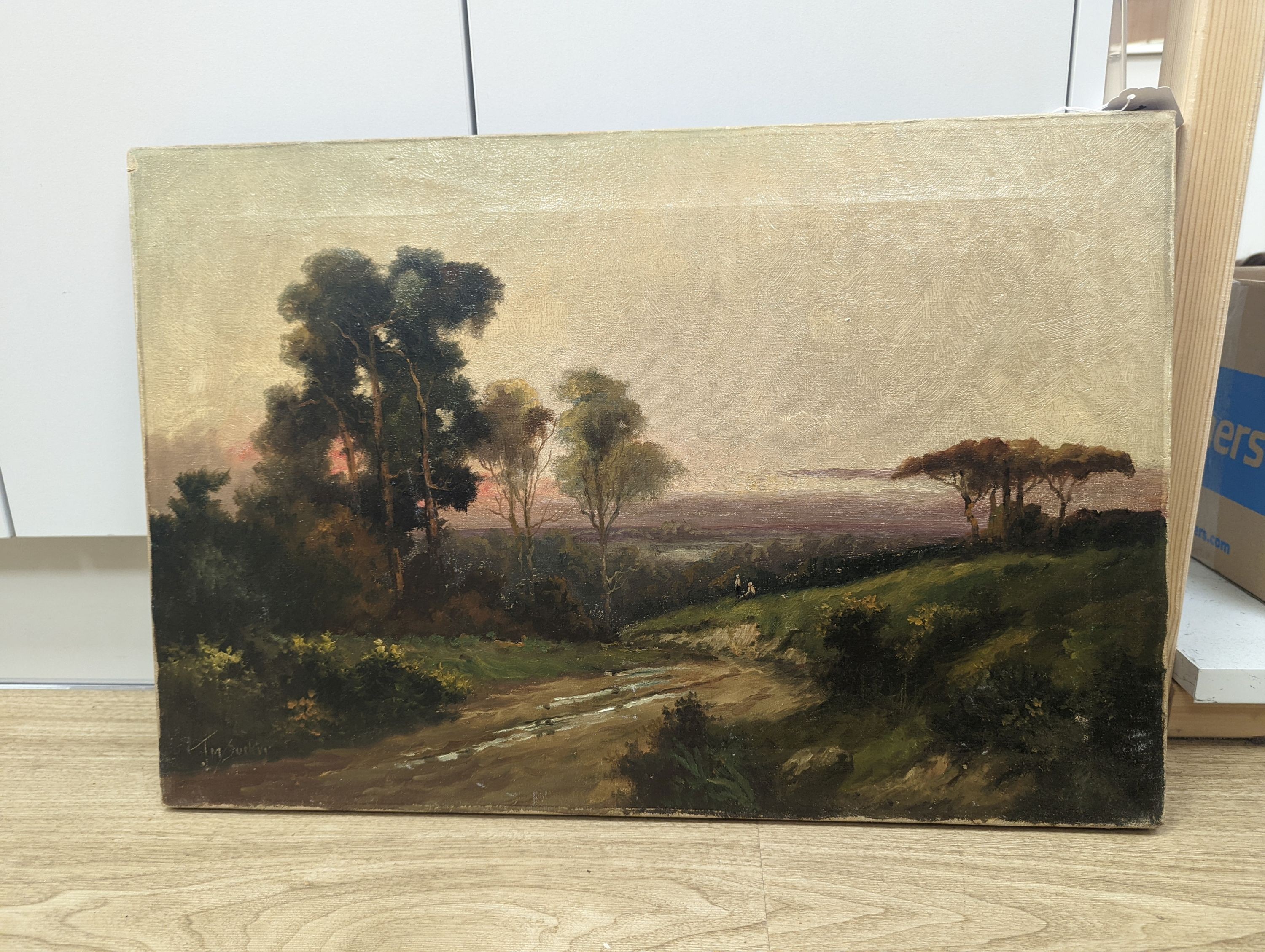 Jack M. Ducker (Jamieson), oil on canvas, Travellers on heathland at sunset, signed, 41 x 61cm, unframed